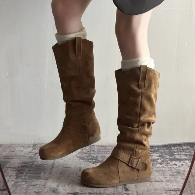 Womens Fashionable Vintage Denim Long Boots Brown - Shop at LoveMi