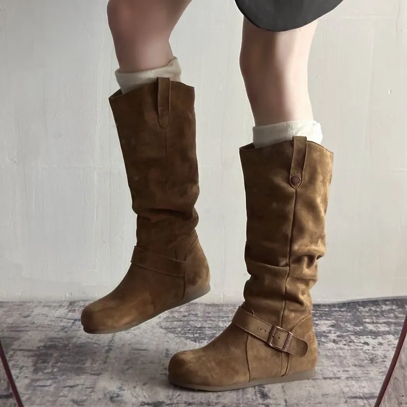 Womens Fashionable Vintage Denim Long Boots - Brown