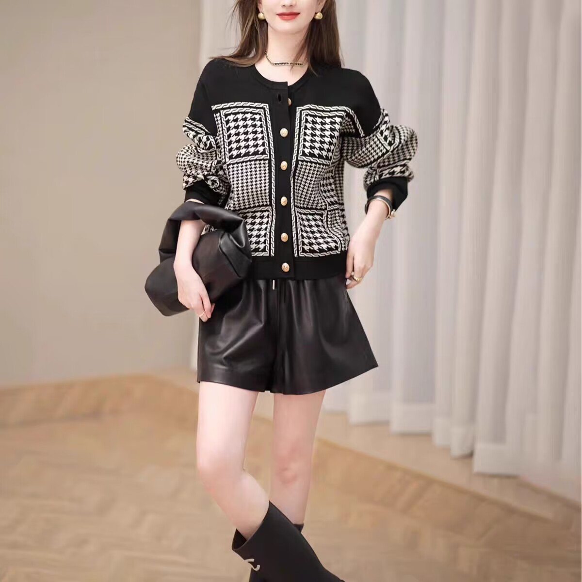 Title 4, Plus Size Retro Houndstooth Knitwear For Women