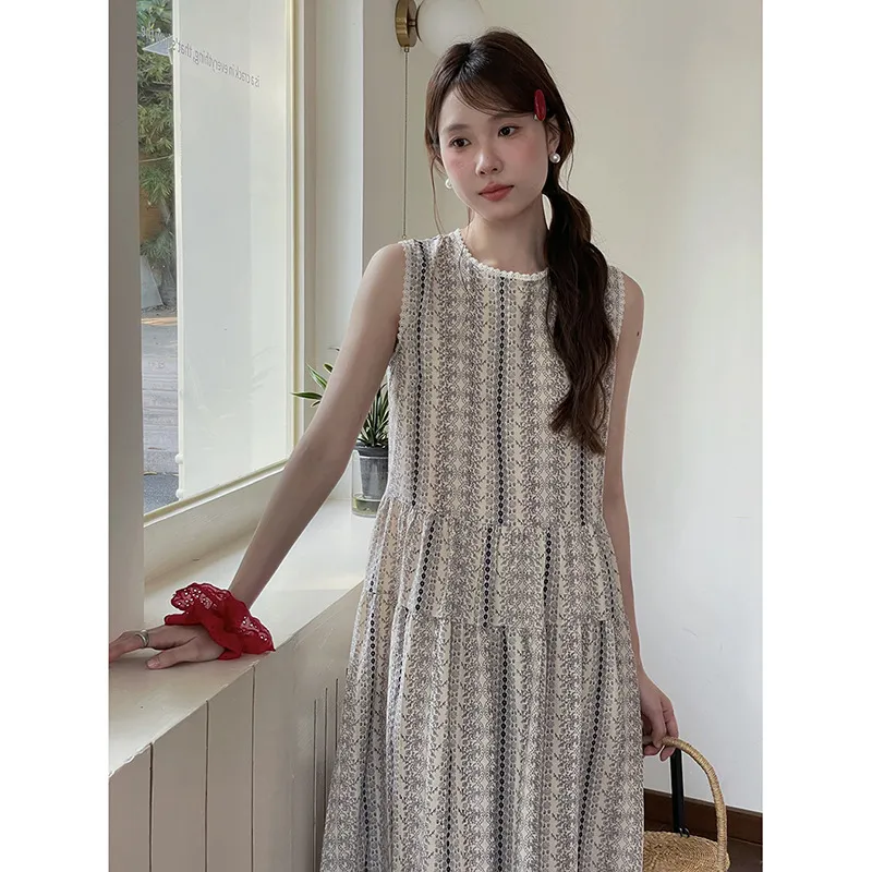 Retro Printed Waist-controlled Slimming Dress Women's Summer New - Light Khaki