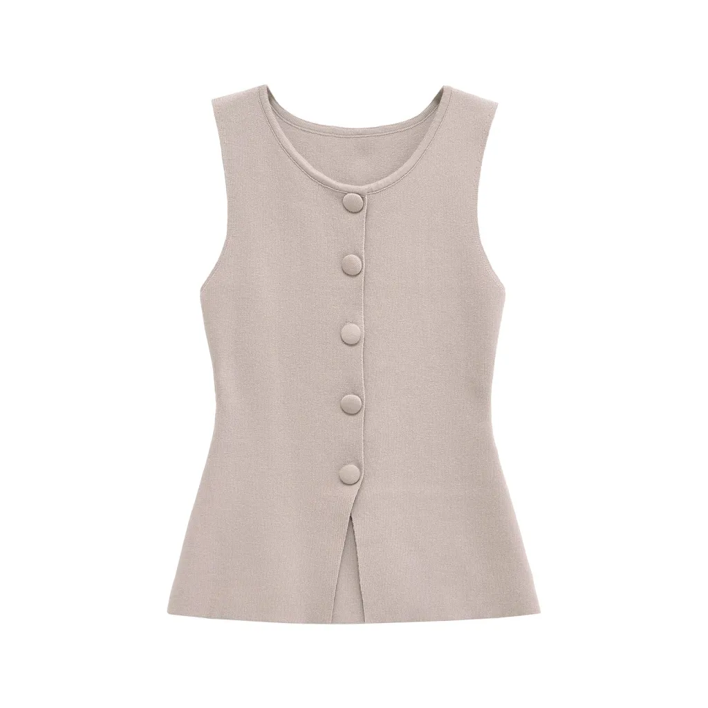 Fashionable Soft Decorated Row Button Vest Top - Khaki