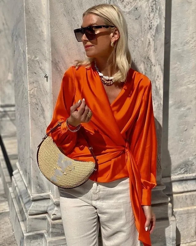 Women's Long sleeve Shirts V neck Lace up Graceful Satin Orange - Shop at LoveMi