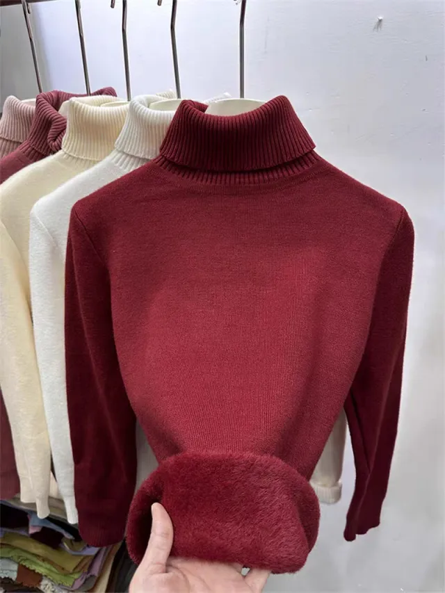 Fleece lined Thickened Autumn And Winter Turtleneck Sweater Slim Fit Warm Wine Red - Shop at LoveMi
