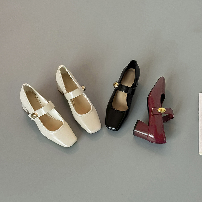 Little Golden Bean Square-Toe Gold-Buckle Belt Chunky-Heel Soft Leather Mary Jane Pumps