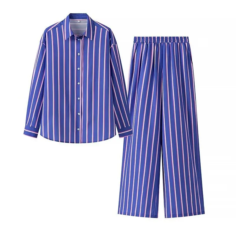 European And American Striped Shirt Trousers Suit - Set-M