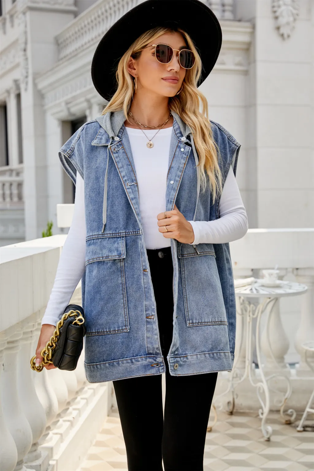 New Denim Waistcoat Vest Hooded Detachable - Blue