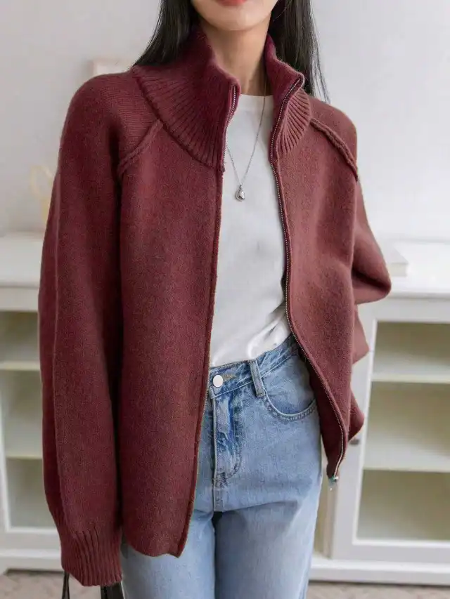 Solid Color Stand Collar Zipper Knitted Cardigan Top Red - Shop at LoveMi