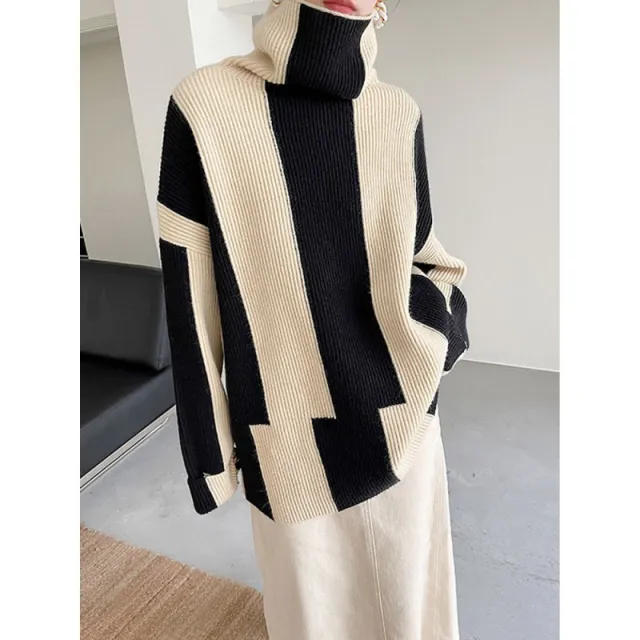 Idle Style Turtleneck Pullover Black And White Striped Sweater For Women Black - Shop at LoveMi