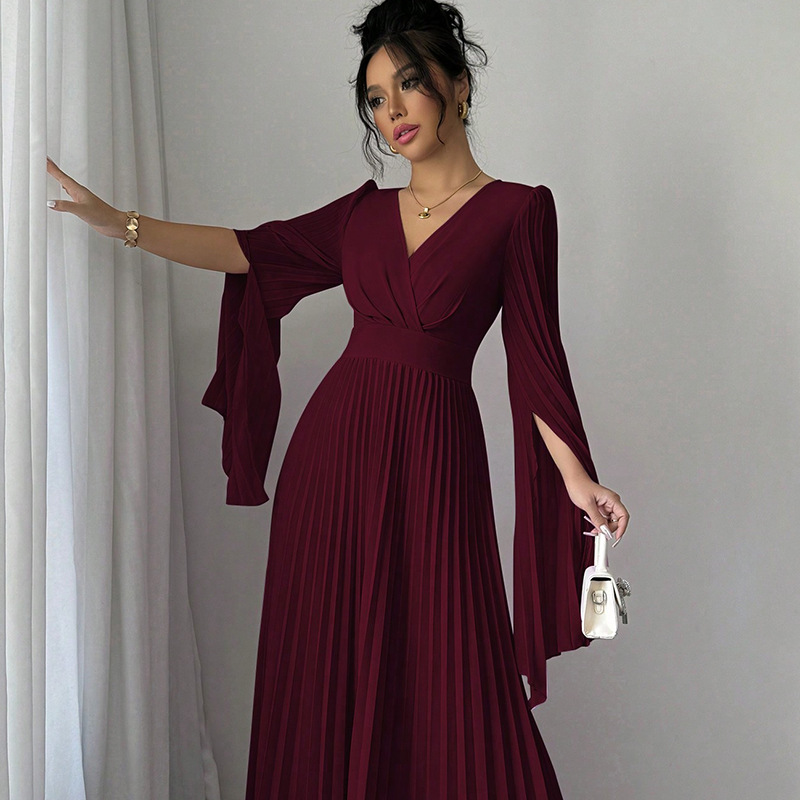 Women's High waisted Long Deep V neck Long sleeve Flared sleeve Dress Wine - Shop at LoveMi