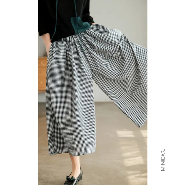 Wide Leg Culottes Plus Size Loose Cotton And Linen Comfortable Casual Pants Small Black Plaid - Shop at LoveMi