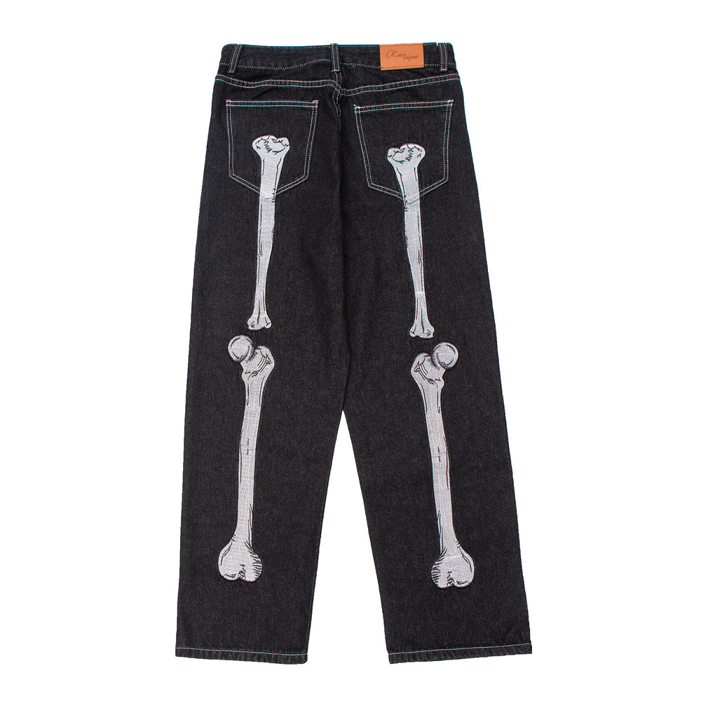 Title 3, Mens Dark Skeleton Embroidery Jeans, Comfortab...