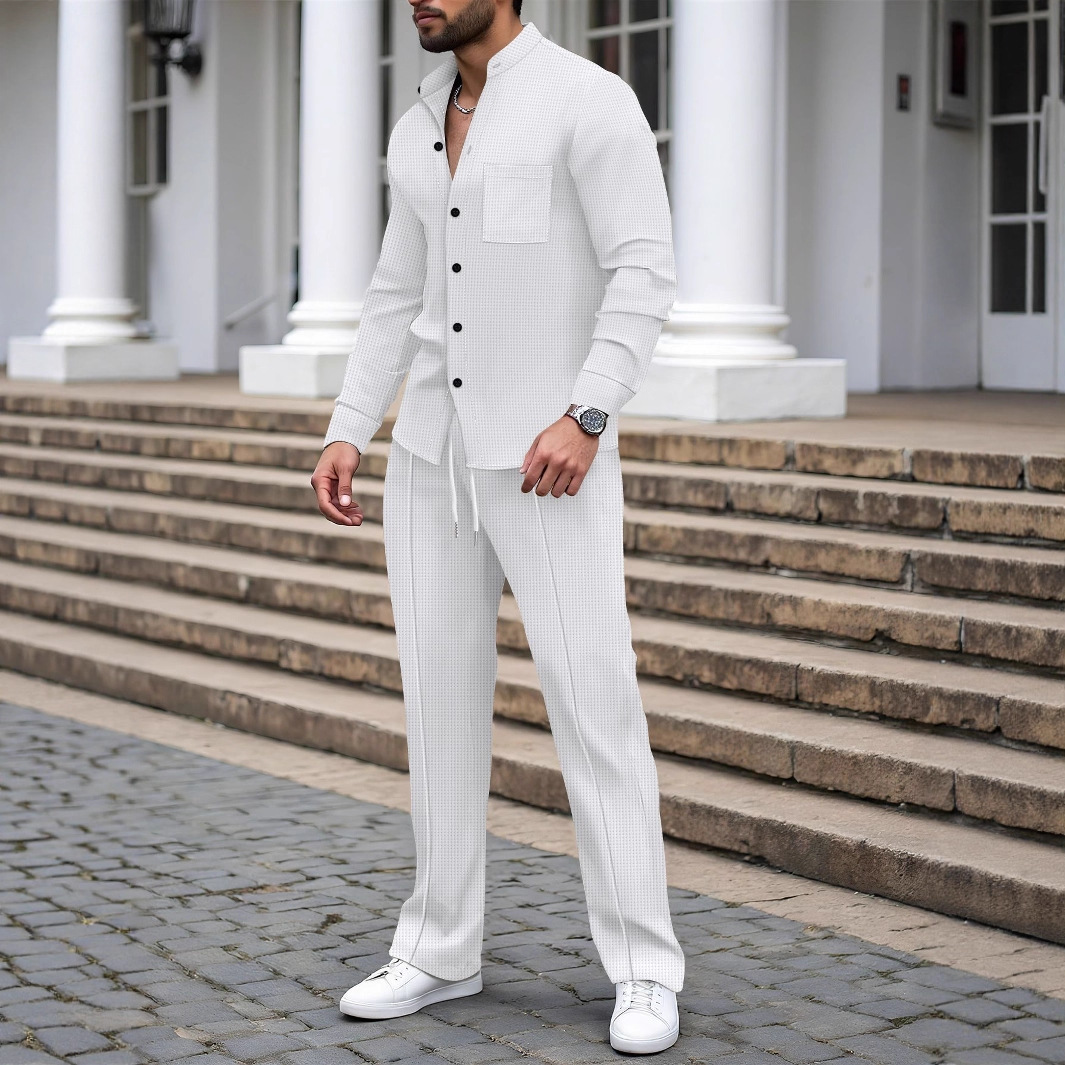 Waffle-textured Solid-color Stand-collar Shirt And Long-sleeve Pants Casual Set