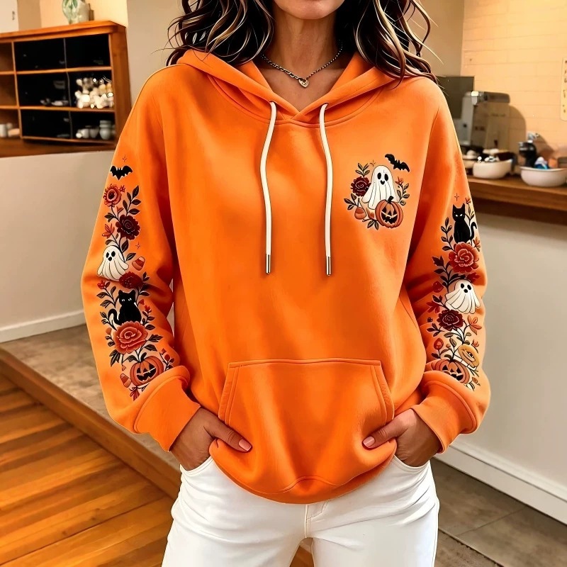 Ghost Black Cat Pumpkin Floral 3D Printed Hoodie
