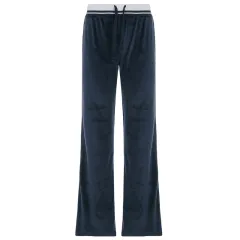 New Contrast Color Striped Waist Head Fleece-lined Bell-bottom Pants - Dark Blue - View 1