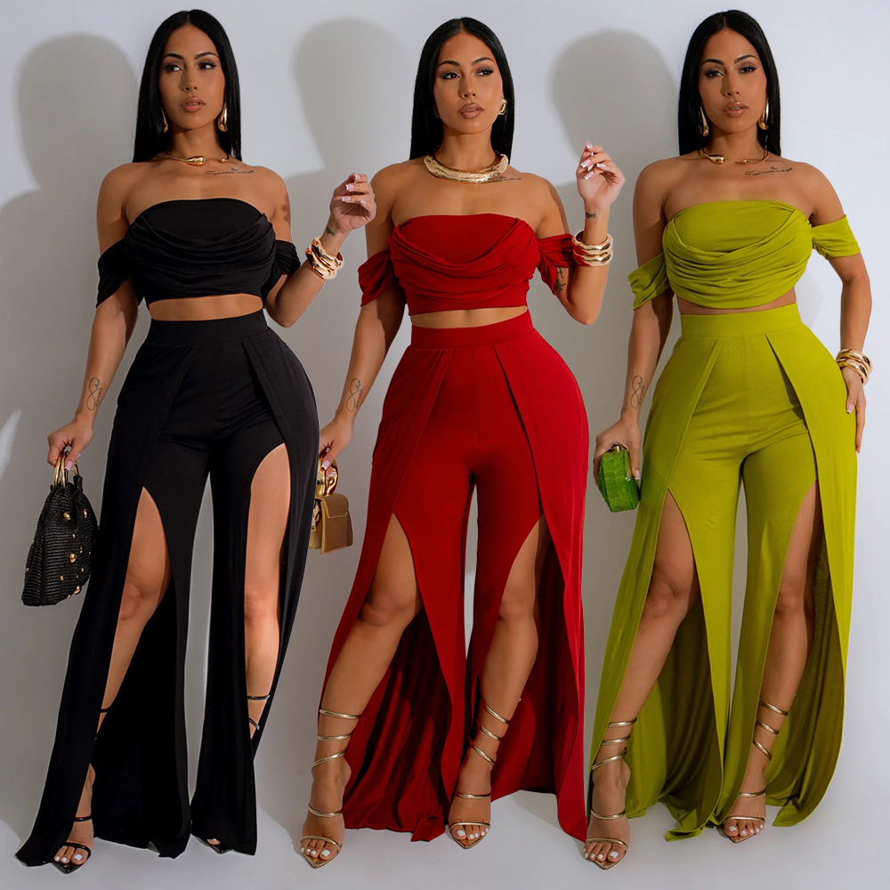 Fashion Women's Casual Tube Top Split Wide Leg Pants Suit