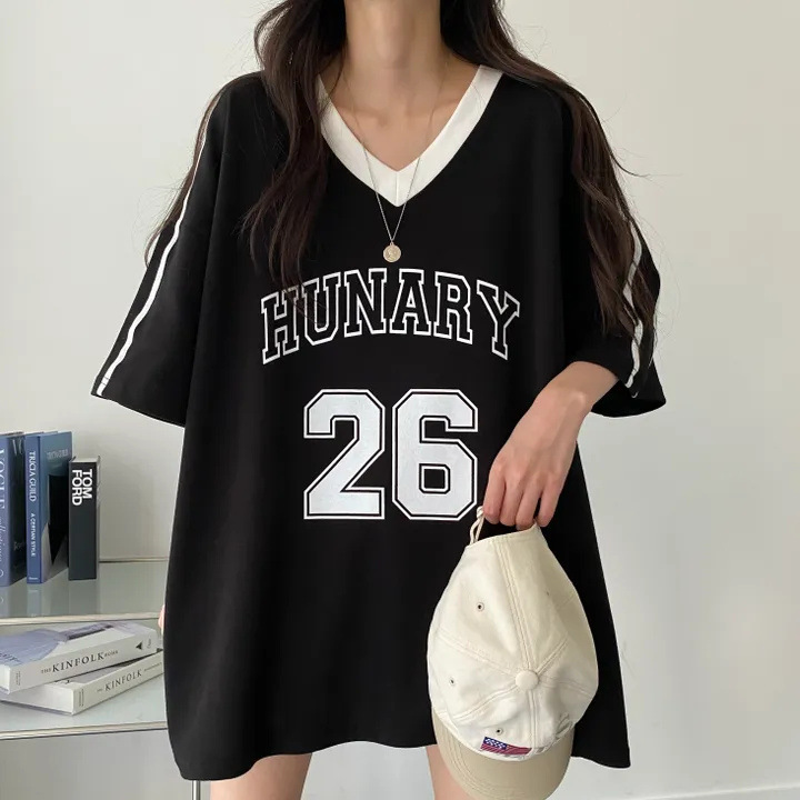 Korean Style Plus Size Women's Clothing Slimming V-neckline Long Short Sleeve