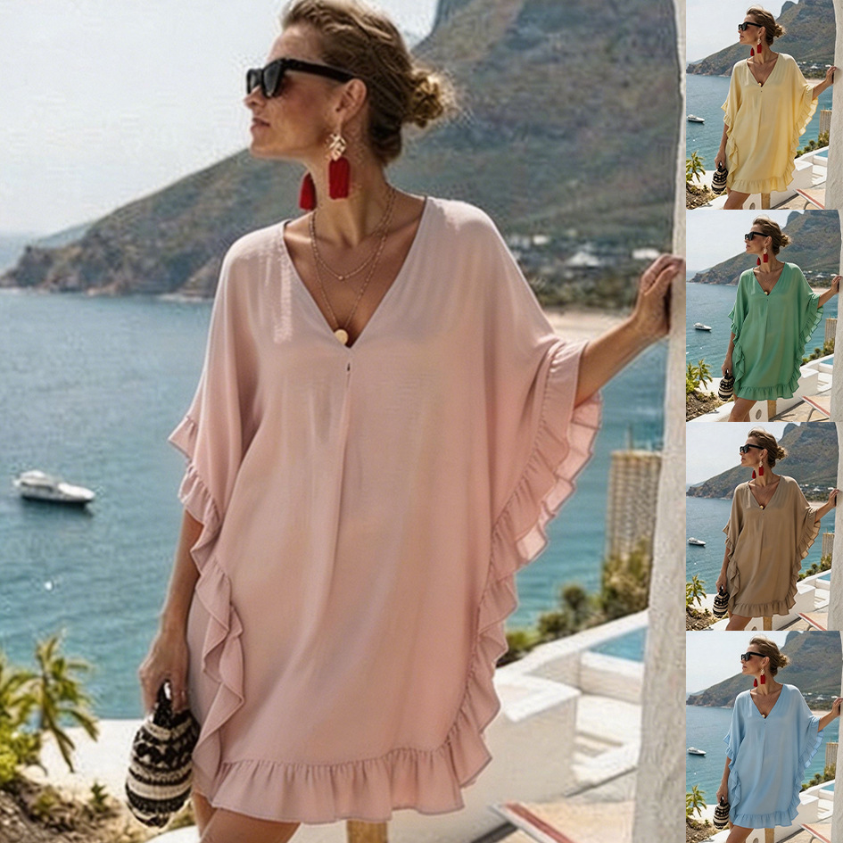 Women's Ruffled V-neck Patchwork Beach Dress