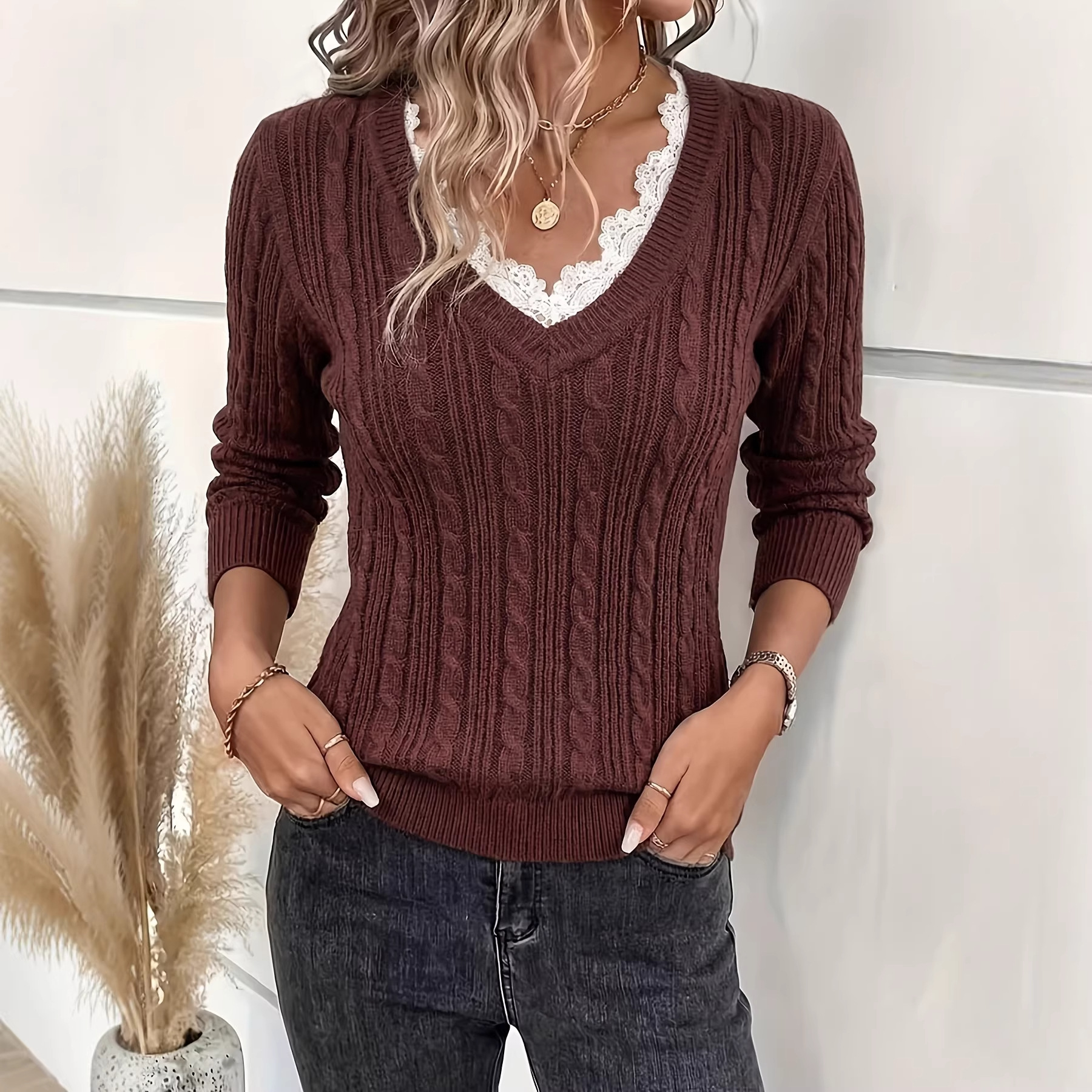 Fake Two-piece Lace V-neck Knit Top Versatile Bottoming Sweater