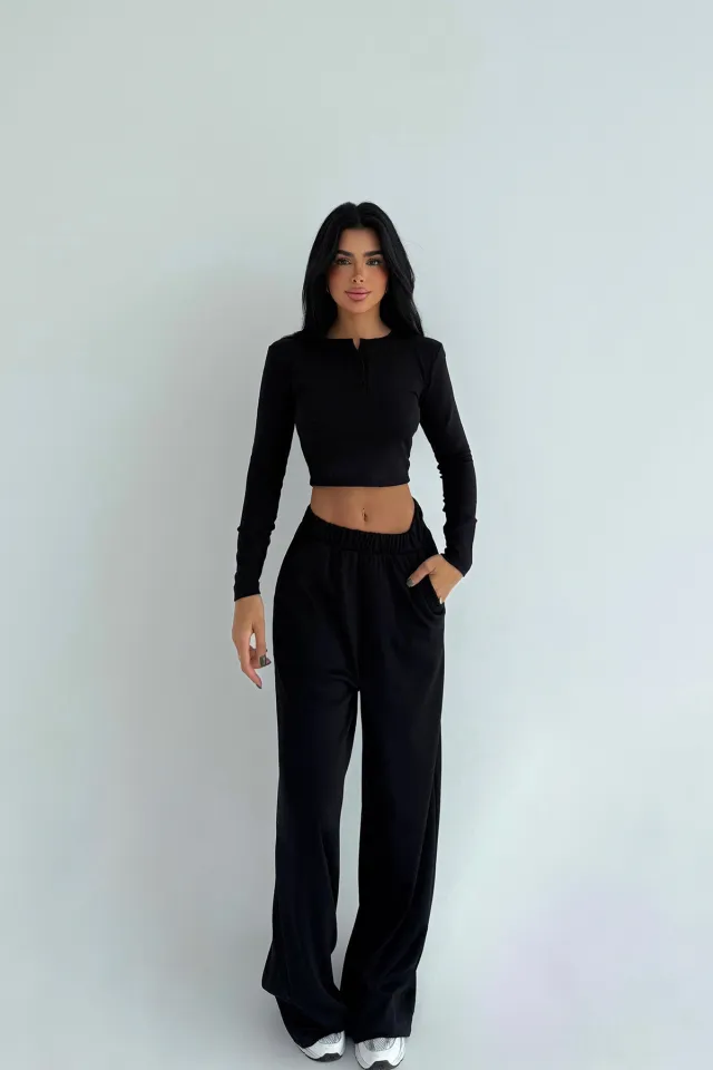 Women's Solid color Casual Crew neck Button up Long sleeve Top And Trousers Black - Shop at LoveMi