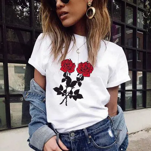 Women's Loose Short sleeved Printed T shirt Two Rose - Shop at LoveMi