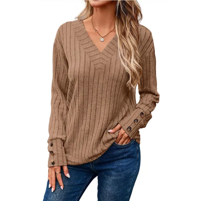 Women's Long sleeved Blouse Solid Color Buttons T shirt Brown - Shop at LoveMi