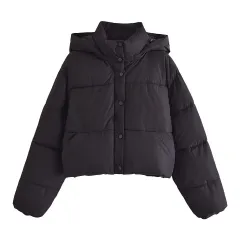 Stand Collar Loose Hoodie Padded Short Cotton Coat - Black - View 1