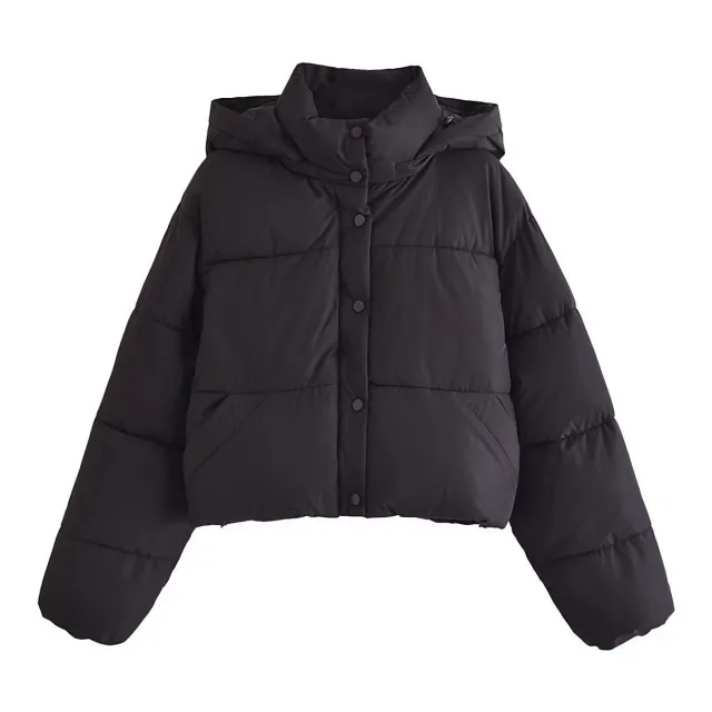 Stand Collar Loose Hoodie Padded Short Cotton Coat Black - Shop at LoveMi