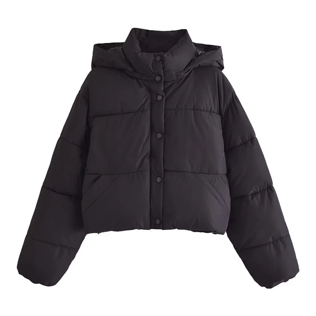 Stand Collar Loose Hoodie Padded Short Cotton Coat - Black