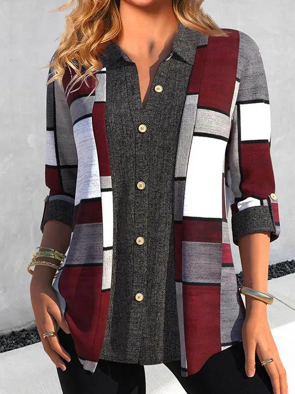 Casual Polo Collar Women's Plaid Simple Floral Print Mid length Sleeves Shirt 2 Black Line C324 - Shop at LoveMi