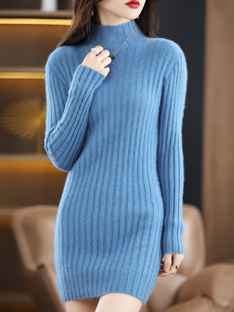 Autumn And Winter Artificial Mink Cashmere Sweater Women's Half Turtleneck Slim Fit Slimming Haze Blue - Shop at LoveMi