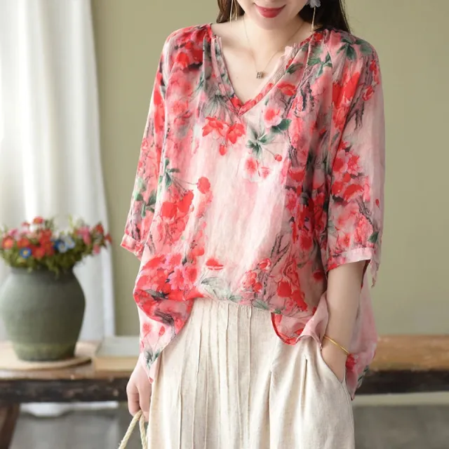 Digital Printing Plus Size Artistic Loose V neck Shirt Red - Shop at LoveMi