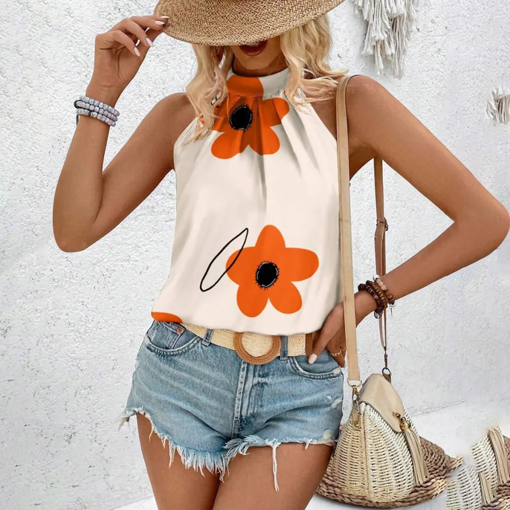 Spring And Summer Sleeveless Halter Floral Printed Shirt Top - Floral