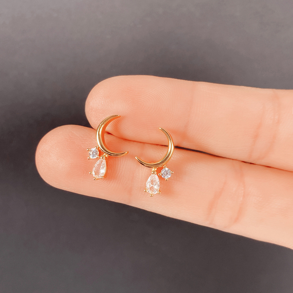 Small Curved Moon Shape Zircon Stud Earrings Female