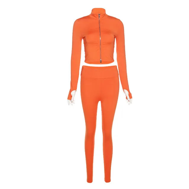 Women's Clothing New Stand Collar Long sleeve Zipper Top High Waist Slim Fit Skinny Trousers Suit For Women Orange - Shop at LoveMi