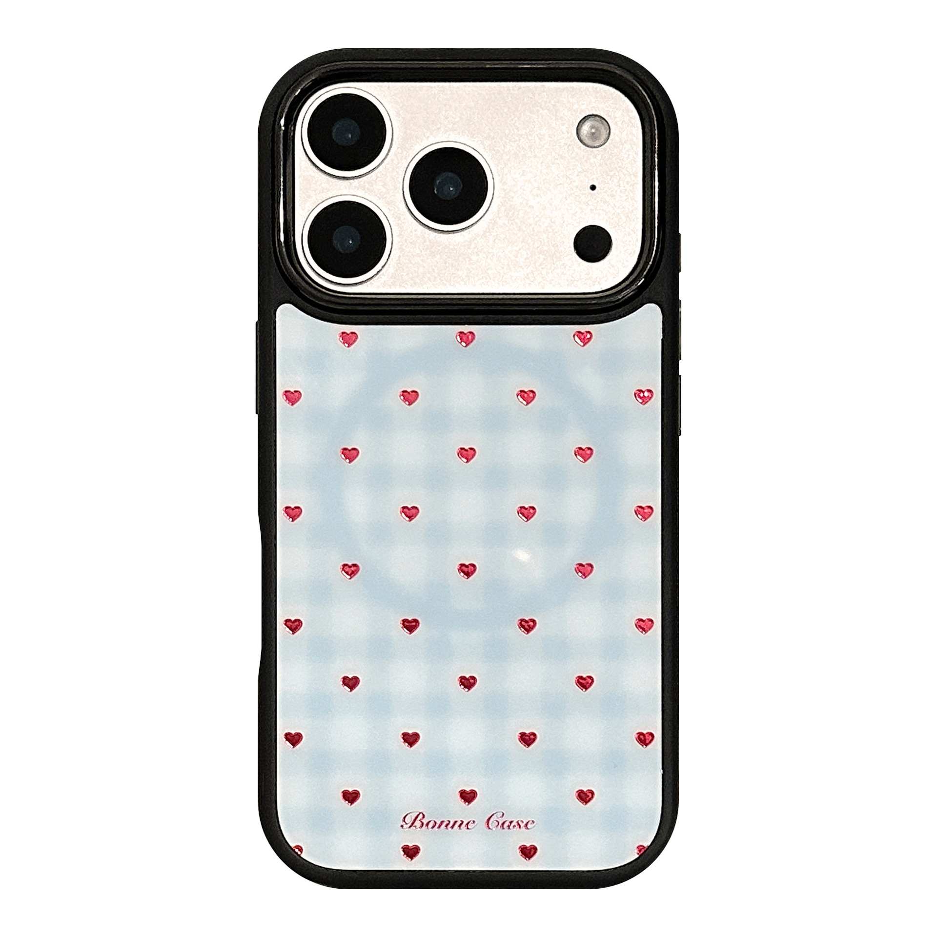 Gold-Plated Blue Lattice-Pattern Heart Magnetic-Suction Phone Case 3