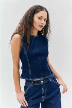 Fashion Casual Sleeveless High Waist Denim Vest - Blue - View 1