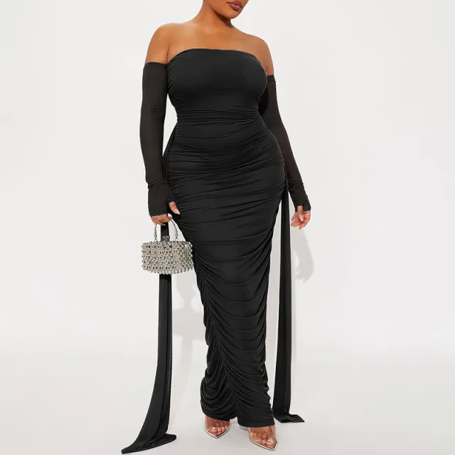 Off the shoulder Long sleeve Draped Ribbon fit Dress For Women Black - Shop at LoveMi