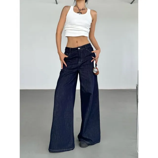 Fashion American Retro Wide Leg Jeans For Women Blue - Shop at LoveMi