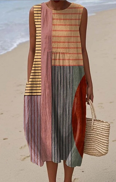 Pocketed Crew-neck Dress With Geometric And Floral Elements