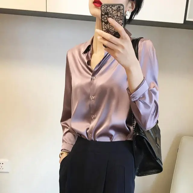 Satin Real Silk Shirt Elegant High end Light Purple - Shop at LoveMi