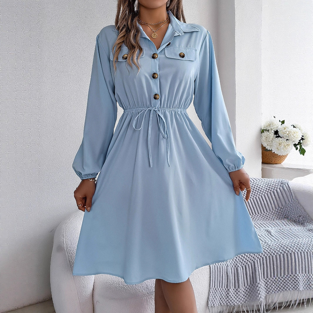 Womens Casual Buttoned Lace-Up Waist-Cinching Long-Sleeve Dress