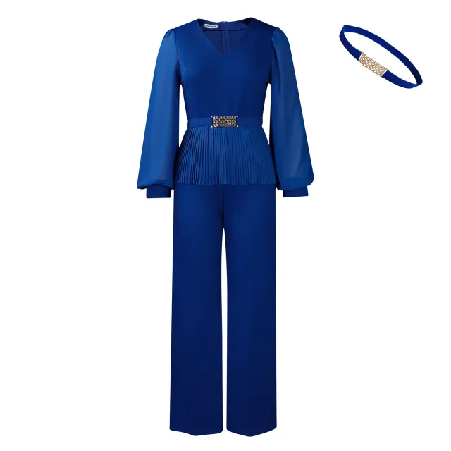 Pleated Waist Tight Top Wide Leg Pants Ol Suit Blue - Shop at LoveMi