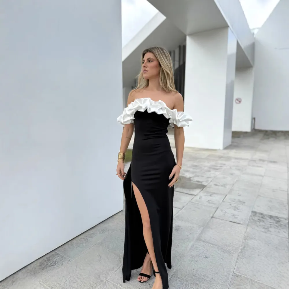 Female Casual Versatile One Shoulder Contrasting Fish Tail Dress - Black