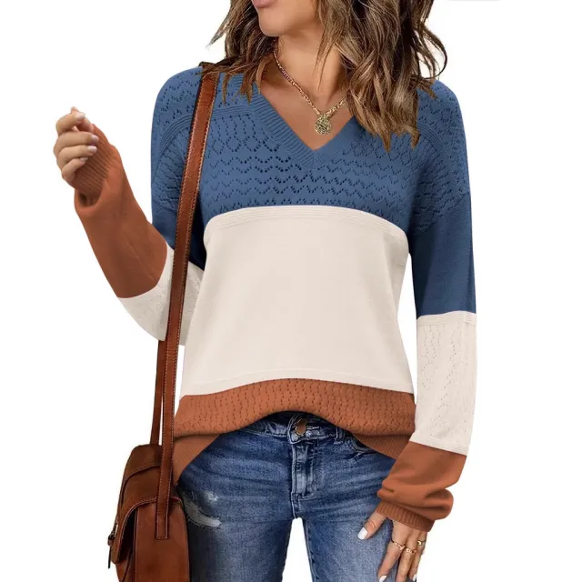 V neck Hollow out Pullover Knitted Rib Sweater Apricot - Shop at LoveMi