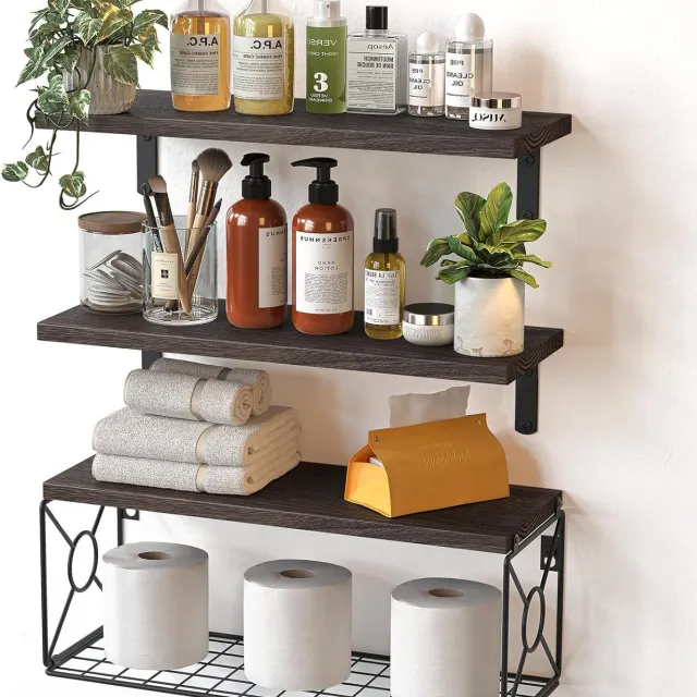 Wall mounted Floating Rack With Storage Basket Wooden Bathroom Shelf Paulownia Black - Shop at LoveMi