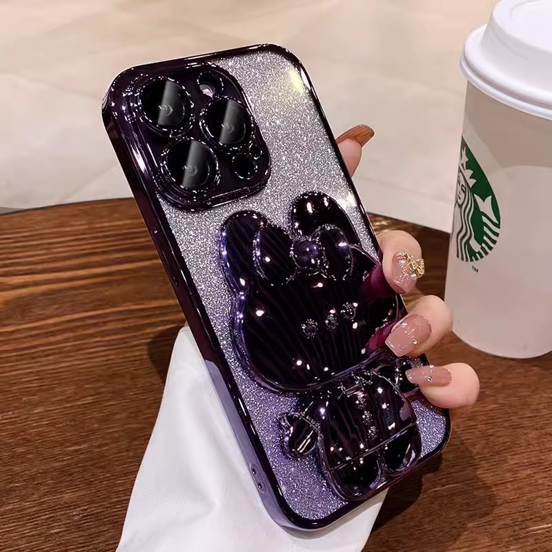 Electroplated Rabbit Stand Phone Case With Makeup Mirror Gradient Protective Cover 4