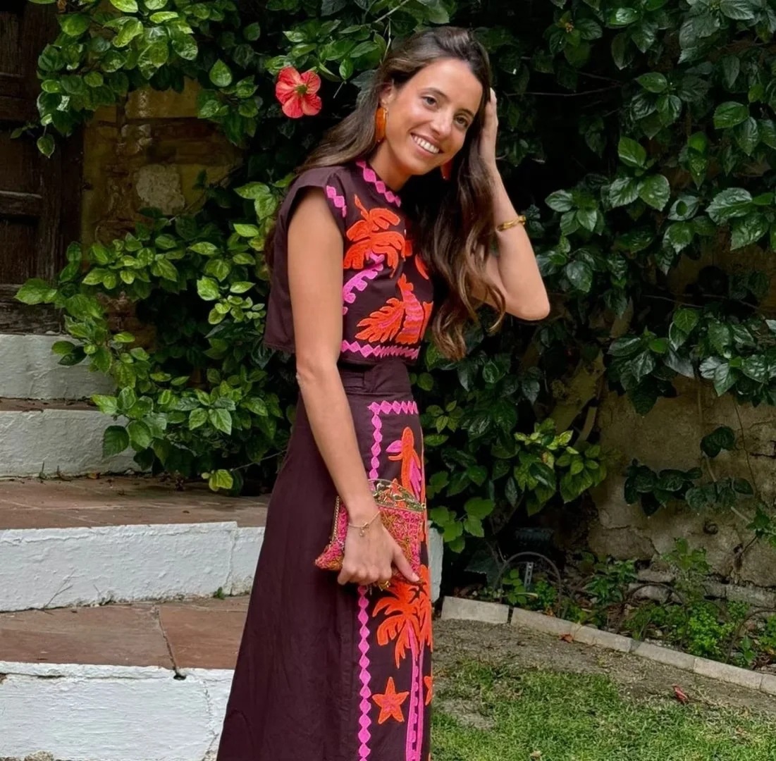 Round Neck Short Sleeve Floral Print Slit Skirt Suit