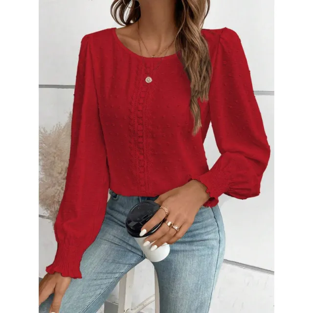 Womens Casual Top With Dotted Lace Trim And Lantern Sleeves Red - Shop at LoveMi