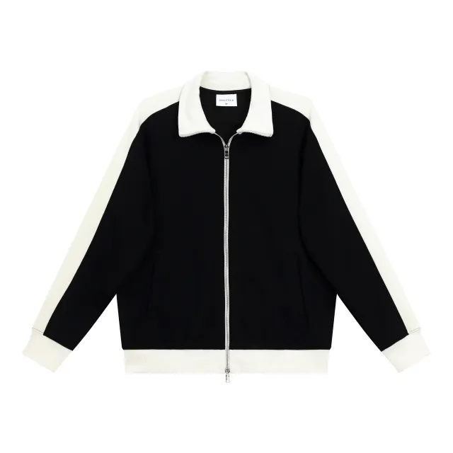 Contrast Color Double Zipper Stand Collar Sweater Retro Black Satay Apricot - Shop at LoveMi
