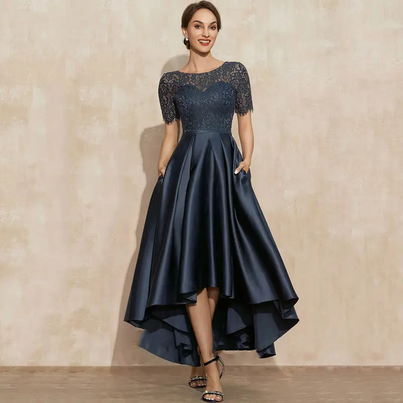 Navy Blue Satin Ball Lace Short Sleeve Dress